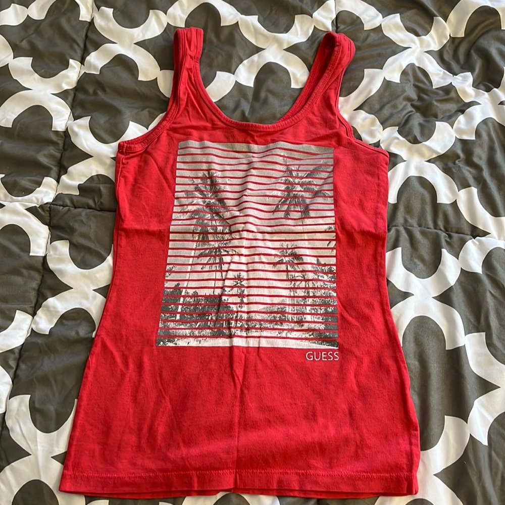 GUESS Tank Top Palm Tree Graphic Print Tropical Beach Tee T-Shirt Coastal Boho S